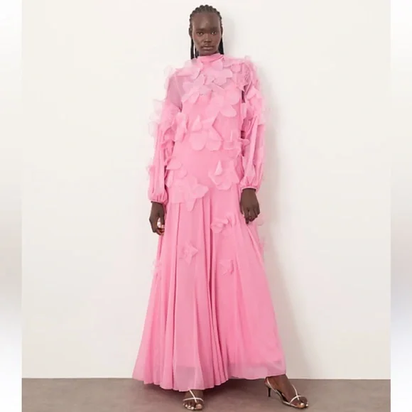 ASOS | Dresses | Asos Arrange Applique Floral Tie Neck Trapeze Maxi Dress  Blouson Sleeve Pink Nwt | Poshmark